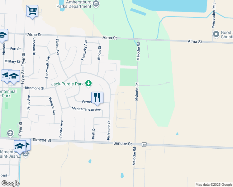 map of restaurants, bars, coffee shops, grocery stores, and more near 231 Meadowview Road in Amherstburg