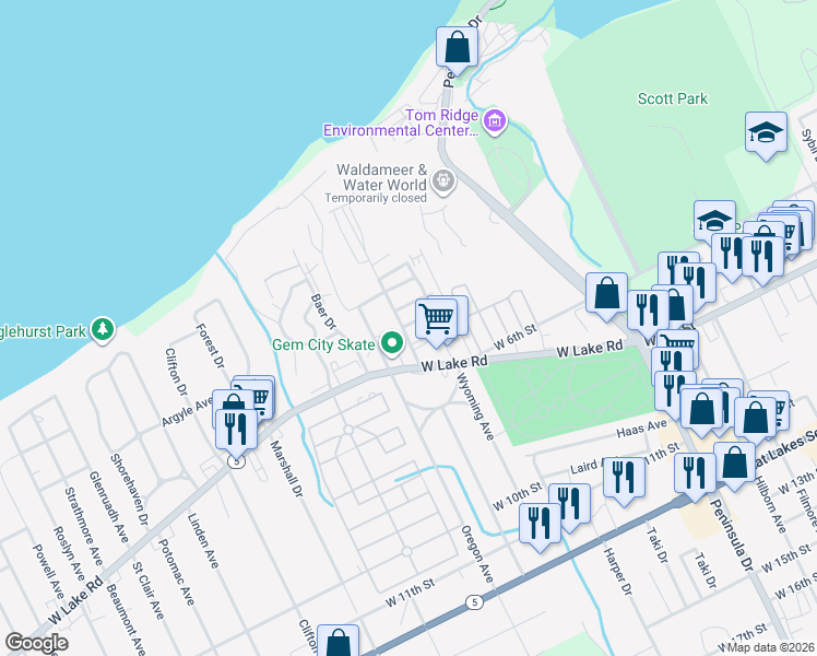 map of restaurants, bars, coffee shops, grocery stores, and more near 32 Largo Drive in Erie
