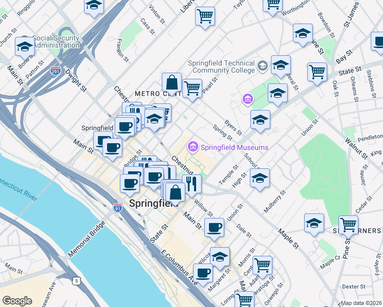 map of restaurants, bars, coffee shops, grocery stores, and more near 41 Mattoon Street in Springfield