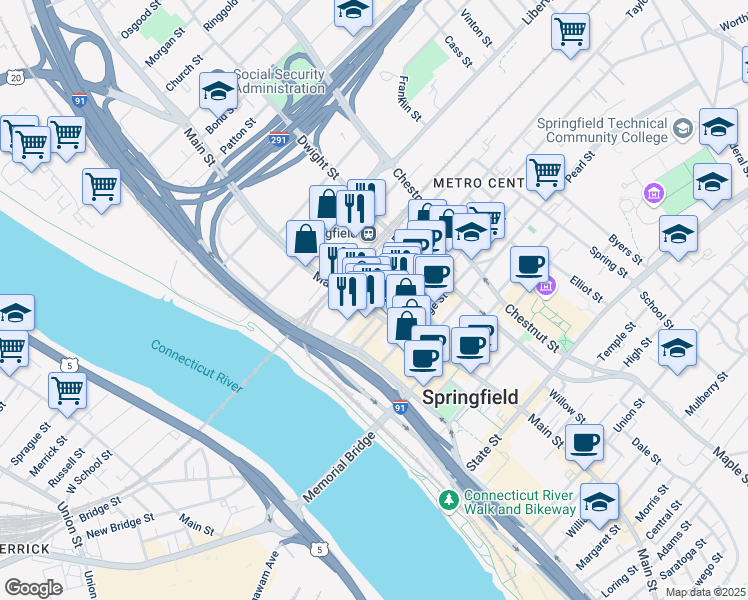 map of restaurants, bars, coffee shops, grocery stores, and more near 11 Lyman Street in Springfield