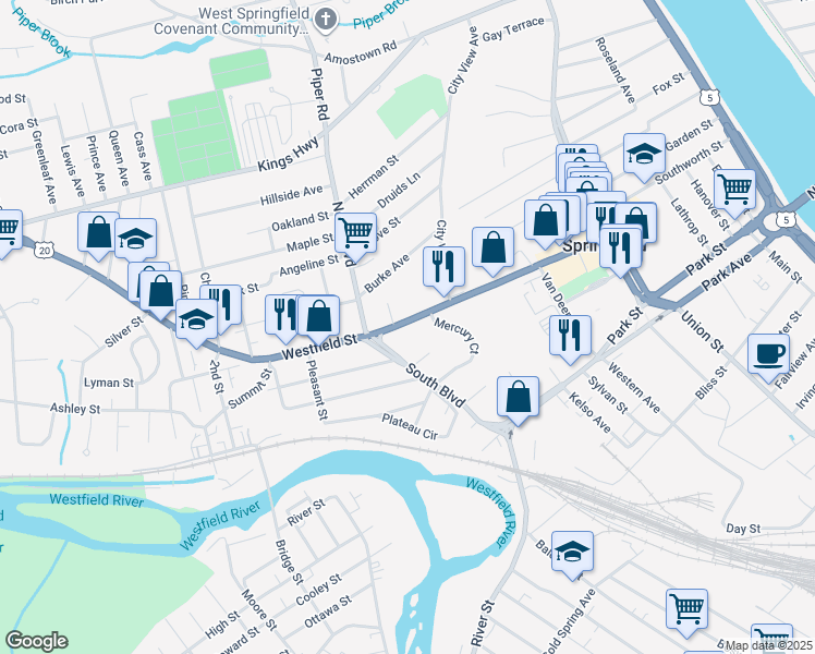 map of restaurants, bars, coffee shops, grocery stores, and more near 20 Beverly Terrace in West Springfield