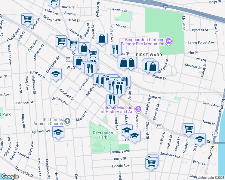map of restaurants, bars, coffee shops, grocery stores, and more near 17 Charlotte Street in Binghamton