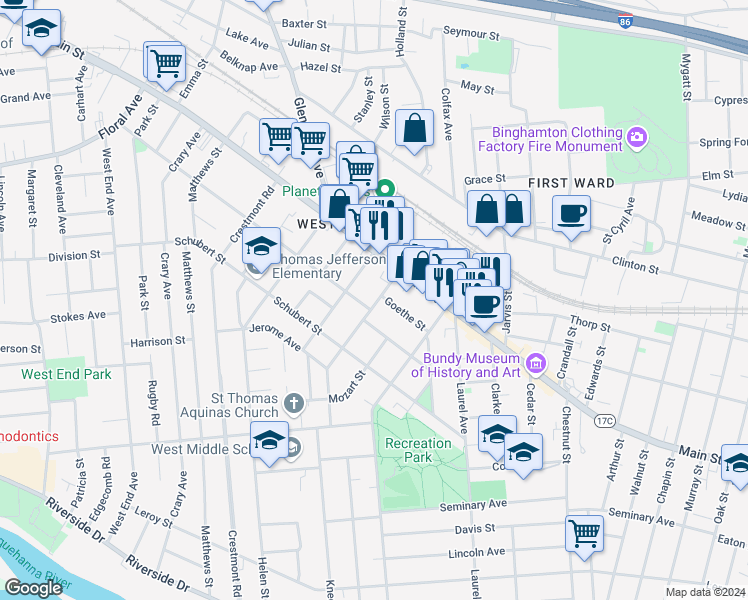 map of restaurants, bars, coffee shops, grocery stores, and more near 59 Schiller Street in Binghamton