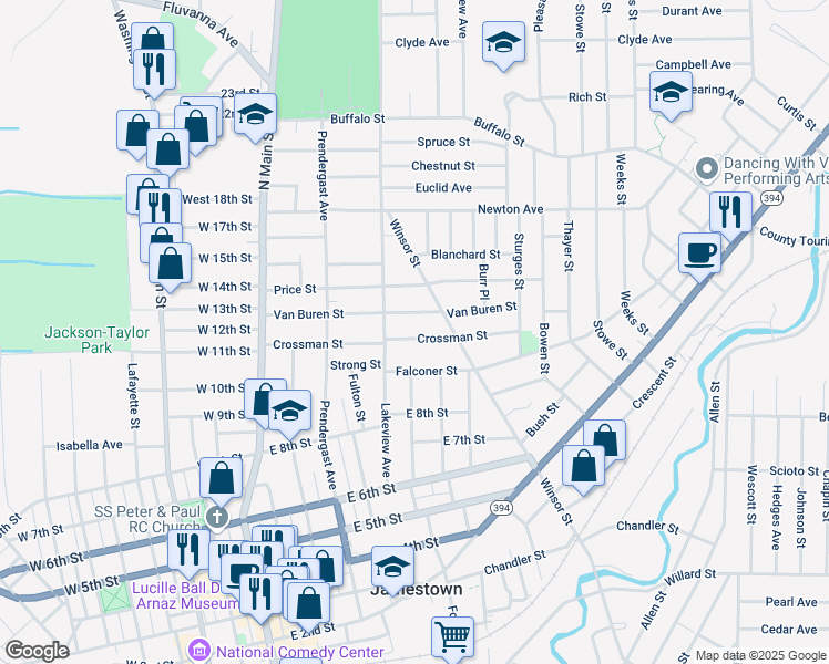 map of restaurants, bars, coffee shops, grocery stores, and more near 201 Van Buren Street in Jamestown