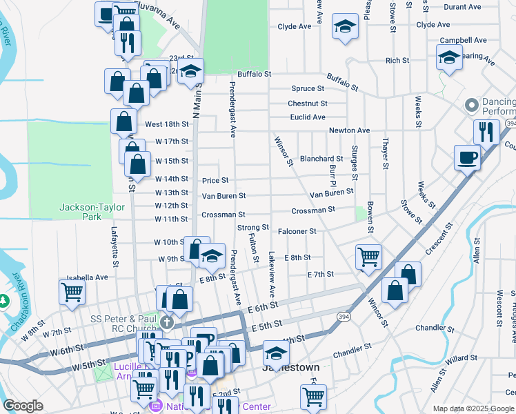 map of restaurants, bars, coffee shops, grocery stores, and more near 119 Van Buren Street in Jamestown