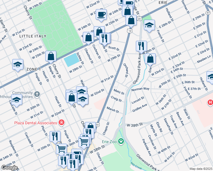 map of restaurants, bars, coffee shops, grocery stores, and more near 356 West 31st Street in Erie