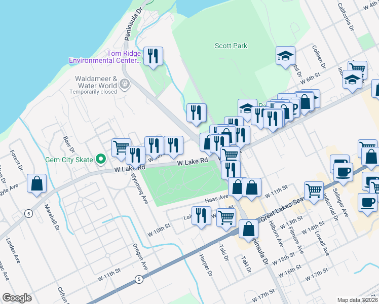 map of restaurants, bars, coffee shops, grocery stores, and more near 2940 W 6th St in Erie