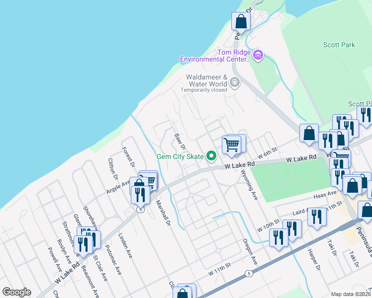 map of restaurants, bars, coffee shops, grocery stores, and more near 233 Baer Drive in Erie