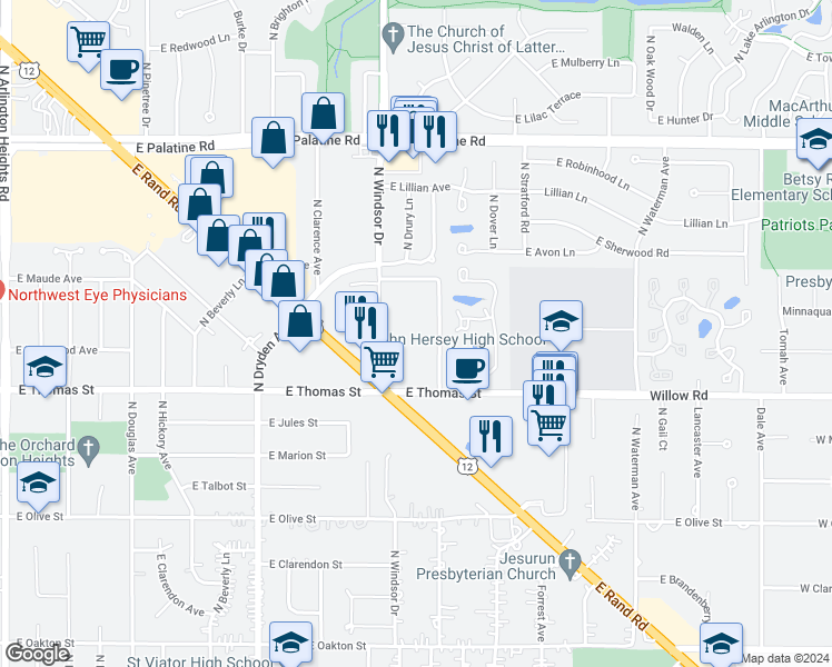 map of restaurants, bars, coffee shops, grocery stores, and more near 1621 North Windsor Drive in Arlington Heights