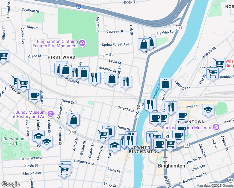 map of restaurants, bars, coffee shops, grocery stores, and more near 41 Clinton Street in Binghamton