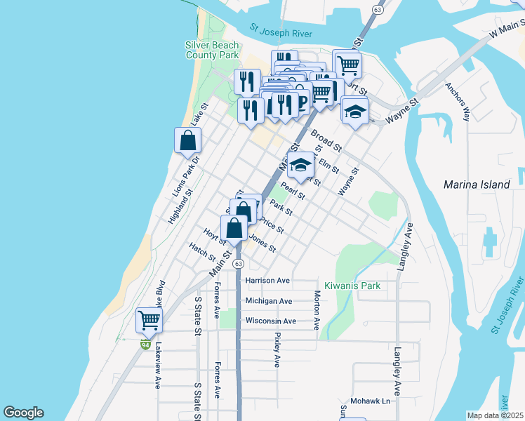 map of restaurants, bars, coffee shops, grocery stores, and more near 802 Main Street in St. Joseph