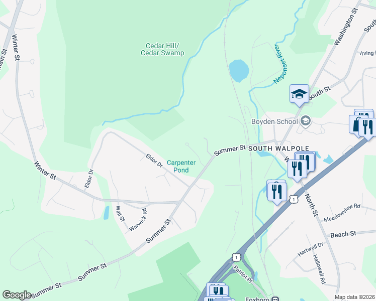 map of restaurants, bars, coffee shops, grocery stores, and more near 16 Delapa Circle in Walpole