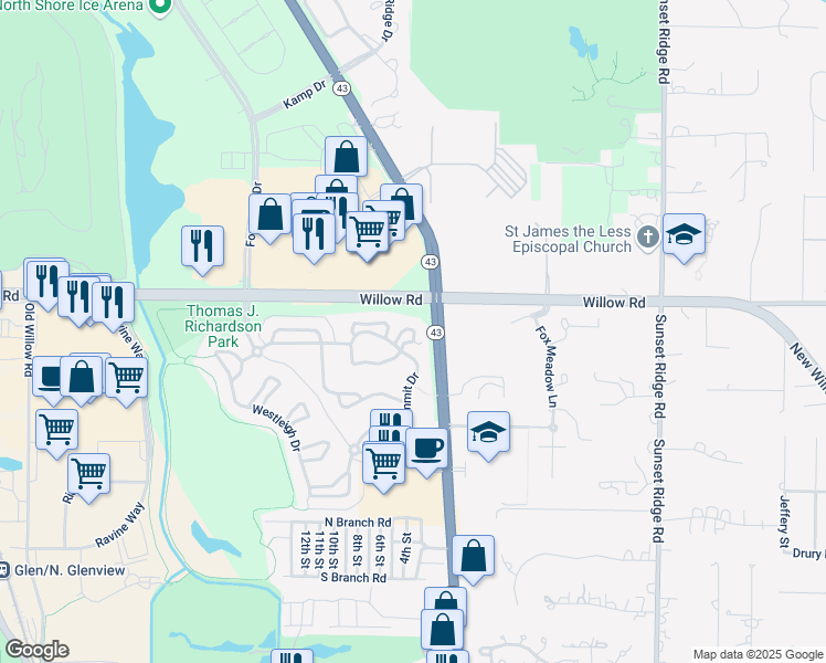 map of restaurants, bars, coffee shops, grocery stores, and more near in Glenview