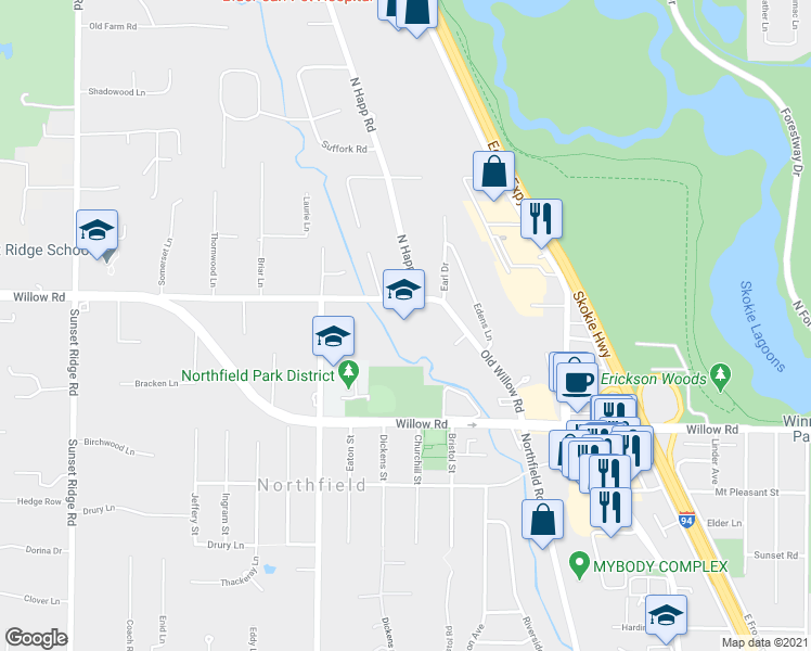 map of restaurants, bars, coffee shops, grocery stores, and more near 1980 Old Willow Road in Northfield