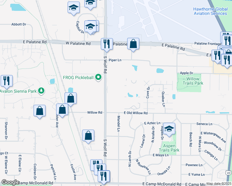 map of restaurants, bars, coffee shops, grocery stores, and more near 1501 South Wolf Road in Prospect Heights