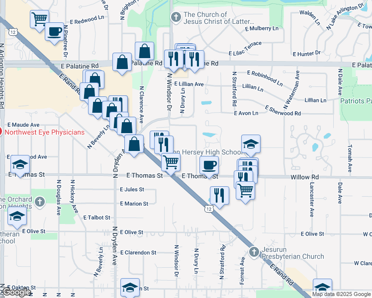 map of restaurants, bars, coffee shops, grocery stores, and more near 1621 North Windsor Drive in Arlington Heights