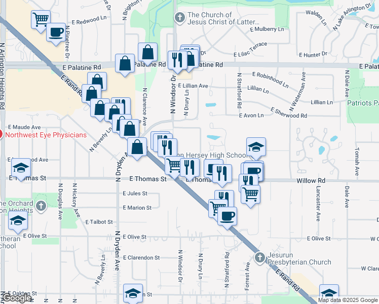 map of restaurants, bars, coffee shops, grocery stores, and more near 1515 North Windsor Drive in Arlington Heights