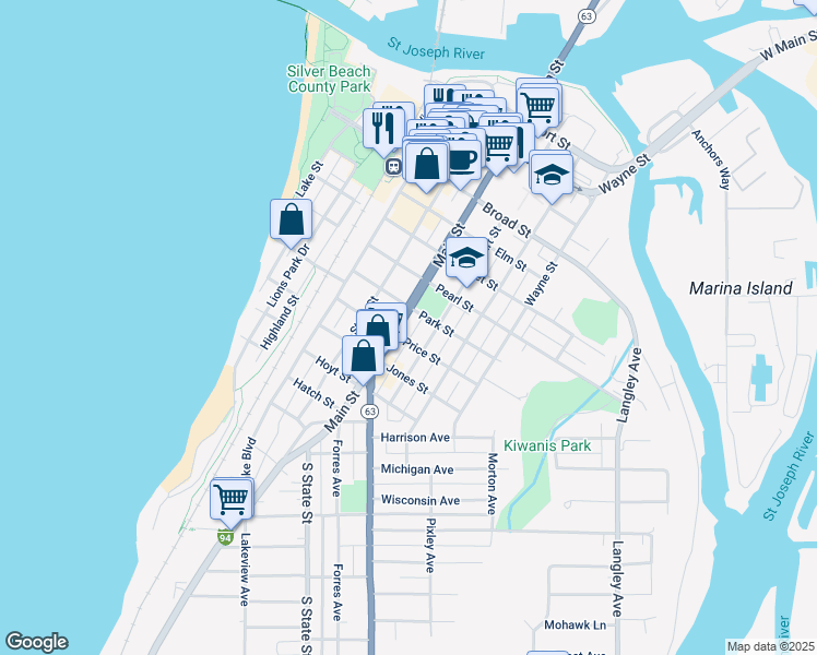 map of restaurants, bars, coffee shops, grocery stores, and more near 815 Main Street in St. Joseph