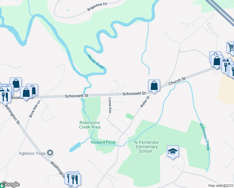 map of restaurants, bars, coffee shops, grocery stores, and more near 194 Schoosett Street in Pembroke