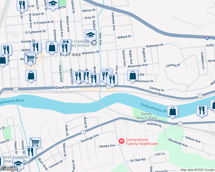 map of restaurants, bars, coffee shops, grocery stores, and more near Court Street in Binghamton