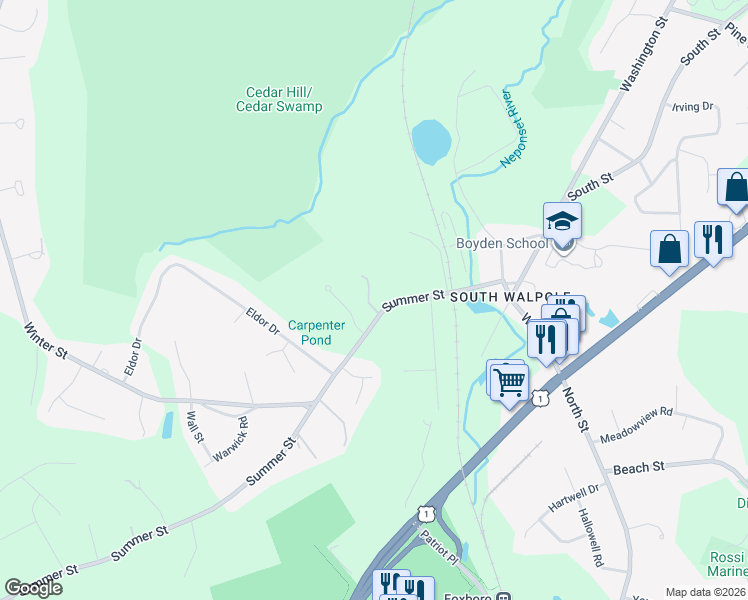 map of restaurants, bars, coffee shops, grocery stores, and more near 81 Summer Street in Walpole