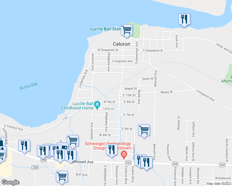 map of restaurants, bars, coffee shops, grocery stores, and more near 150 Dunham Avenue in Jamestown
