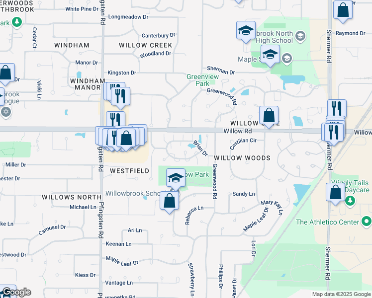 map of restaurants, bars, coffee shops, grocery stores, and more near 2478 Brian Drive in Northbrook