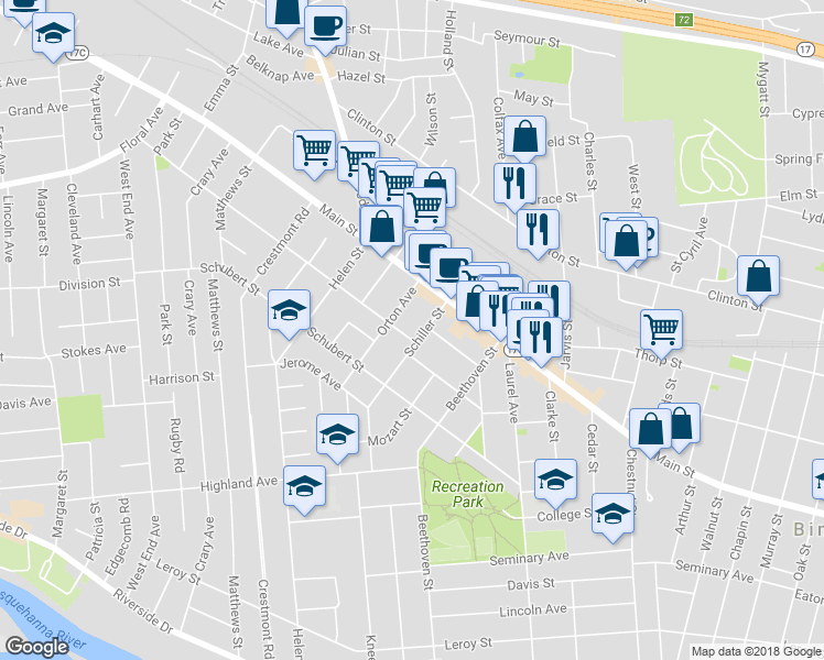 map of restaurants, bars, coffee shops, grocery stores, and more near 4 Grand Boulevard in Binghamton