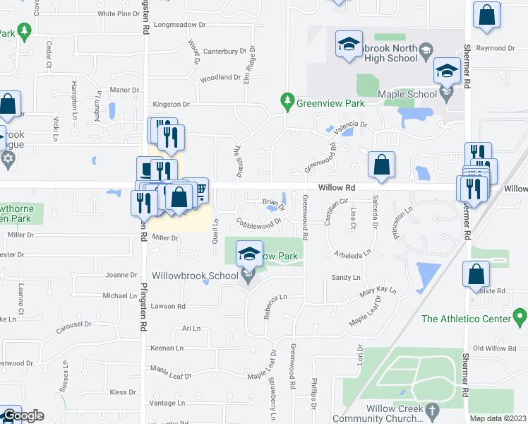 map of restaurants, bars, coffee shops, grocery stores, and more near 2478 Brian Drive in Northbrook