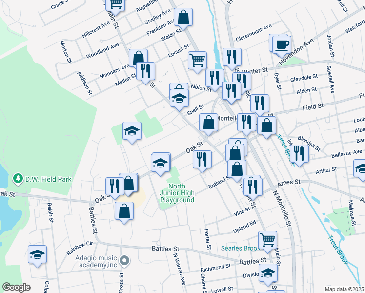 map of restaurants, bars, coffee shops, grocery stores, and more near 38 Martland Avenue in Brockton