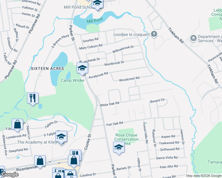 map of restaurants, bars, coffee shops, grocery stores, and more near 30 Woodcrest Road in Springfield
