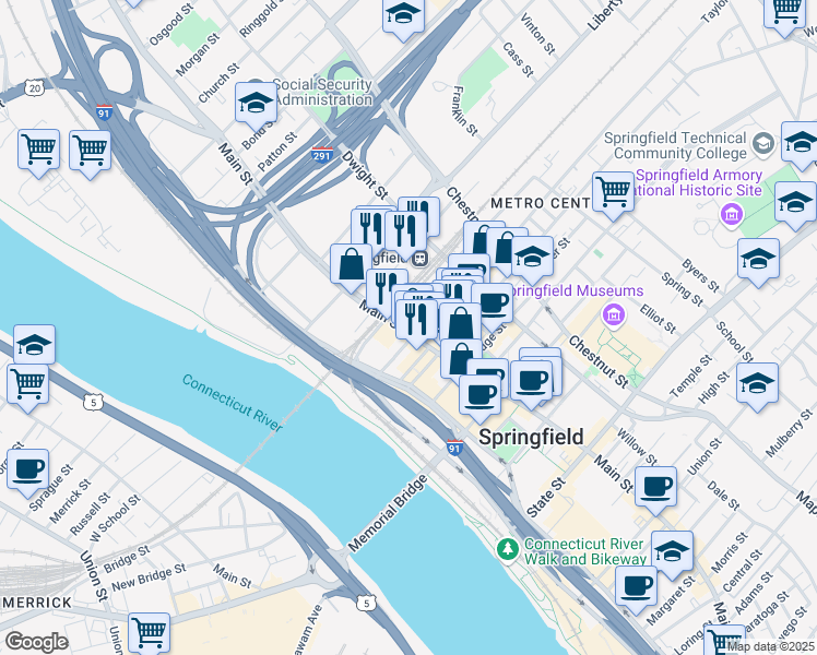 map of restaurants, bars, coffee shops, grocery stores, and more near 11 Lyman Street in Springfield