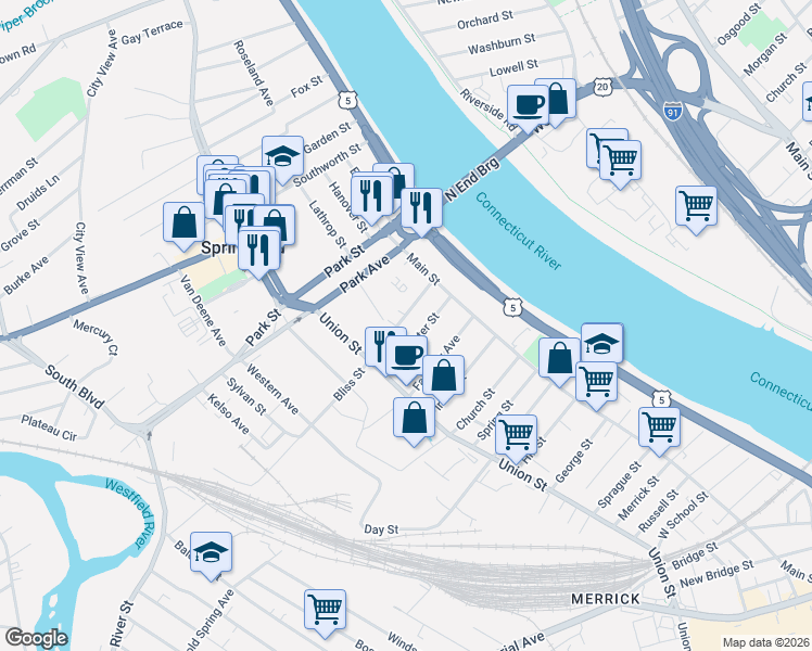 map of restaurants, bars, coffee shops, grocery stores, and more near 36 Bliss Street in West Springfield