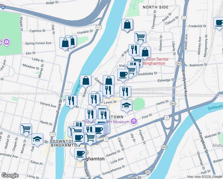 map of restaurants, bars, coffee shops, grocery stores, and more near 10 Eldredge Street in Binghamton
