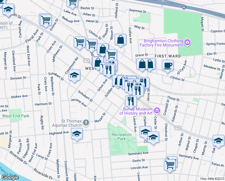 map of restaurants, bars, coffee shops, grocery stores, and more near 59 Schiller Street in Binghamton