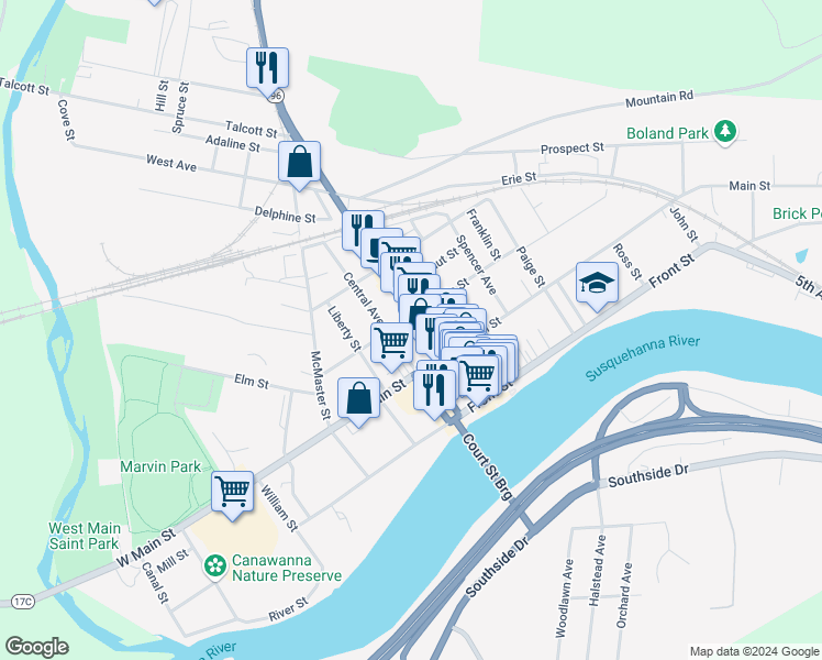 map of restaurants, bars, coffee shops, grocery stores, and more near in Owego