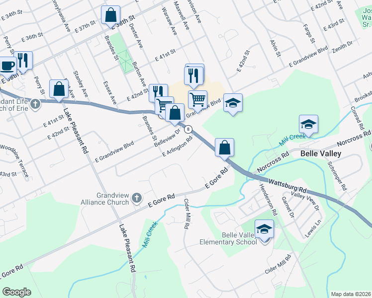 map of restaurants, bars, coffee shops, grocery stores, and more near 1265 E Arlington Rd in Erie