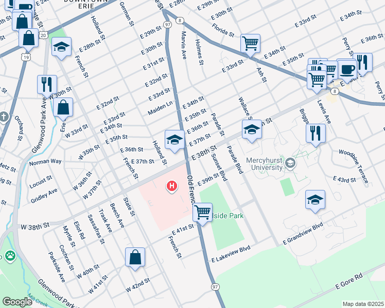 map of restaurants, bars, coffee shops, grocery stores, and more near 321 East 37th Street in Erie