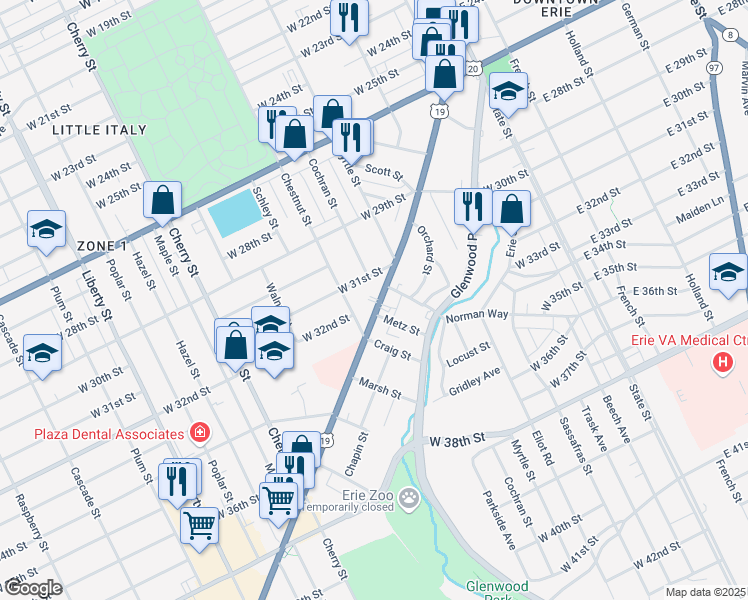 map of restaurants, bars, coffee shops, grocery stores, and more near in Erie