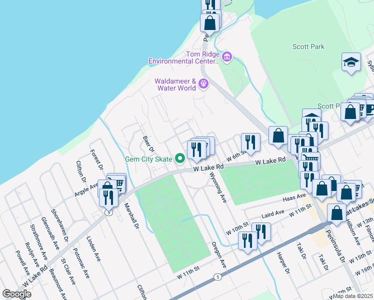 map of restaurants, bars, coffee shops, grocery stores, and more near 32 Largo Drive in Erie