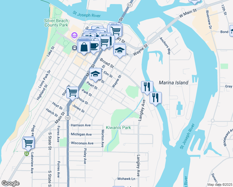 map of restaurants, bars, coffee shops, grocery stores, and more near 512 Marsh Street in St. Joseph