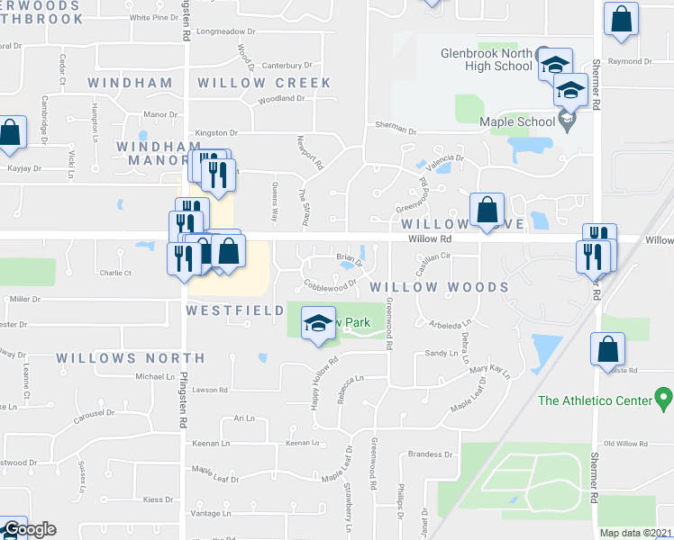 map of restaurants, bars, coffee shops, grocery stores, and more near 2478 Brian Drive in Northbrook