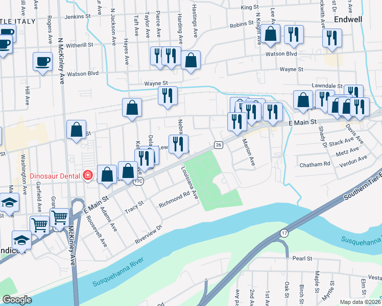 map of restaurants, bars, coffee shops, grocery stores, and more near 2603 East Main Street in Endicott