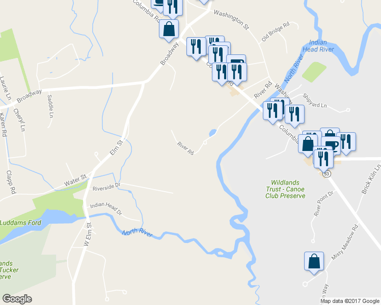 map of restaurants, bars, coffee shops, grocery stores, and more near 164 River Road in Hanover