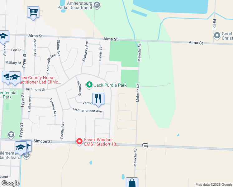 map of restaurants, bars, coffee shops, grocery stores, and more near 231 Meadowview Road in Amherstburg