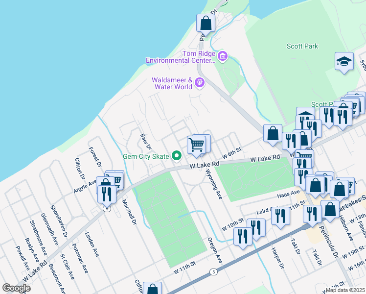 map of restaurants, bars, coffee shops, grocery stores, and more near 32 Largo Drive in Erie
