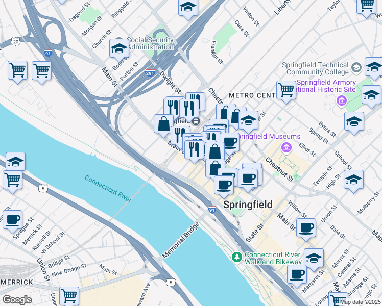 map of restaurants, bars, coffee shops, grocery stores, and more near 1665 Main Street in Springfield
