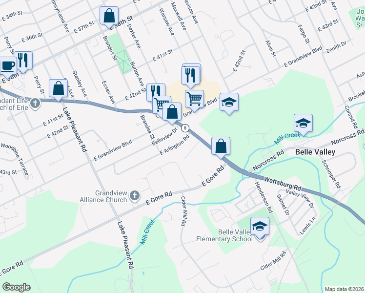 map of restaurants, bars, coffee shops, grocery stores, and more near 1265 E Arlington Rd in Erie