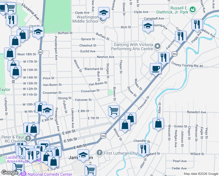 map of restaurants, bars, coffee shops, grocery stores, and more near 38 Sturges Street in Jamestown