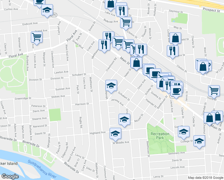 map of restaurants, bars, coffee shops, grocery stores, and more near 101 Schubert Street in Binghamton